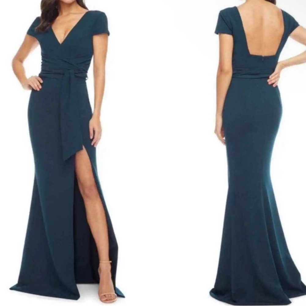 DRESS THE POPULATION Women's Evie Dark Green Pine Short Sleeves Gown Size M